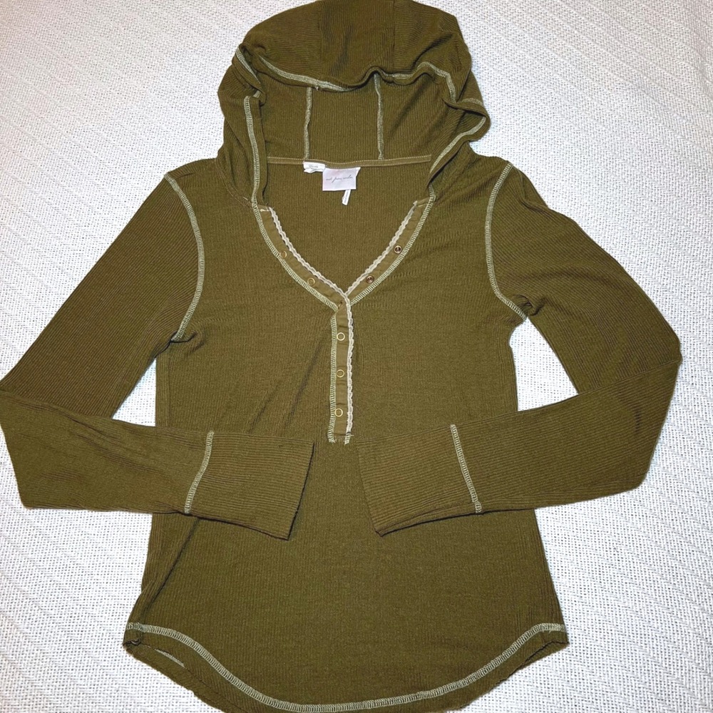 Out From Under Olive Green Ribbed Hooded Henley Top Large